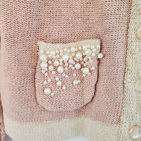 ❌️SOLD❌️ Chadwicks Pink & Cream Pearl Cardigan Small - Picture 6 of 11